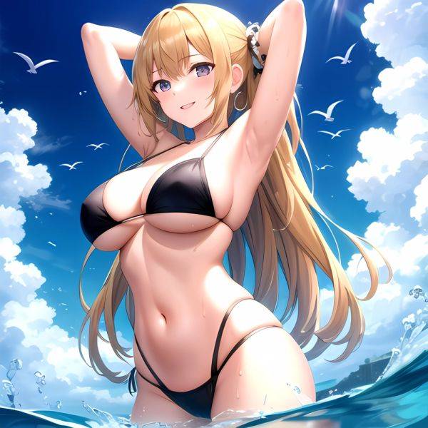 Empress Last Origin 1girl Armpits Arms Behind Head Bikini Bird Black Bikini Blonde Hair Blue Sky Breasts Cloud Gradient Hair, 2516673057 - AIHentai - aihentai.co on pornintellect.com