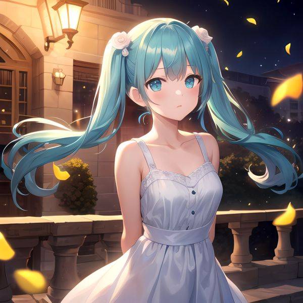 Face Focus Masterpiece Best Quality 1girl White Roses Petals Night Background Fireflies Light Particle Solo Aqua Hair With Twin, 429135980 - AIHentai - aihentai.co on pornintellect.com