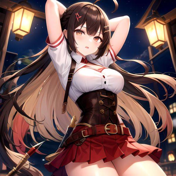 Nanashi Mumei Nanashi Mumei 1st Costume 1girl Ahoge Arms Behind Head Arms Up Belt Brown Corset Brown Eyes Brown Hair, 2242078339 - AIHentai - aihentai.co on pornintellect.com