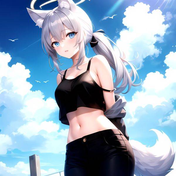 Shiroko Blue Archive 1girl Alternate Costume Animal Ear Fluff Animal Ears Arms Behind Back Black Pants Blue Eyes Blue Sky, 372839566 - AIHentai - aihentai.co on pornintellect.com