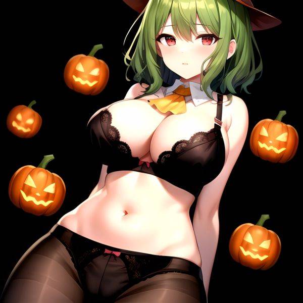 Pumpkins Halloween Kazami Yuuka 1girl Arms Behind Back Ascot Black Background Black Bra Black Panties Black Pantyhose Bra Breast, 998629489 - AIHentai - aihentai.co on pornintellect.com