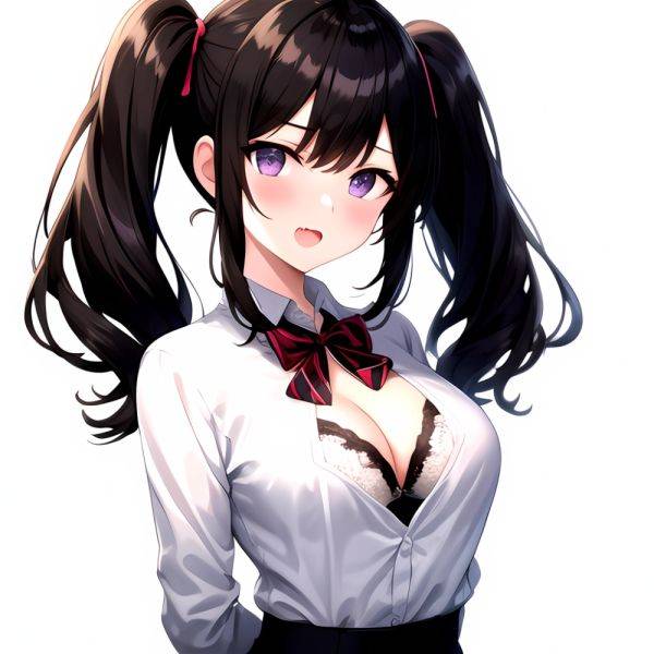 1girl Black Eyes Black Hair Blush Bow Bowtie Bra Breasts Center Opening Cleavage Collared Shirt Fang Grey Bra Hair Intakes, 3670312582 - AIHentai - aihentai.co on pornintellect.com