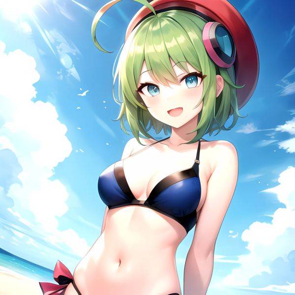 Roro Gunvolt 1girl Ahoge Arms Behind Back Bikini Blue Eyes Breasts Cowboy Shot Green Hair Groin Halterneck Headgear Light Partic, 1204255692 - AIHentai - aihentai.co on pornintellect.com