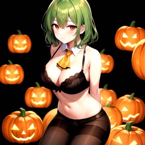 Pumpkins Halloween Kazami Yuuka 1girl Arms Behind Back Ascot Black Background Black Bra Black Panties Black Pantyhose Bra Breast, 2130535312 - AIHentai - aihentai.co on pornintellect.com