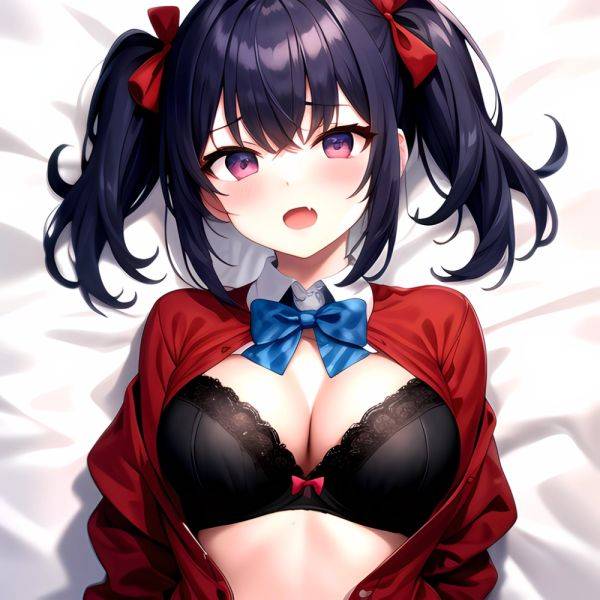 1girl Black Eyes Blue Hair Blush Bow Bowtie Bra Breasts Center Opening Cleavage Collared Shirt Fang Black Bra Hair Intakes, 2795351825 - AIHentai - aihentai.co on pornintellect.com