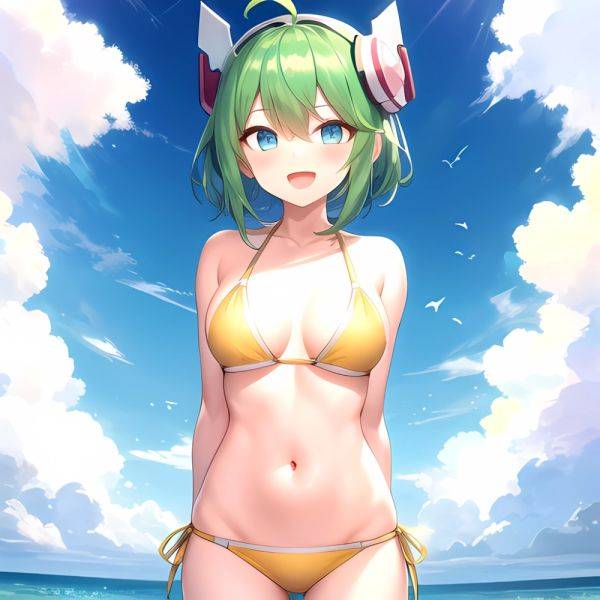 Roro Gunvolt 1girl Ahoge Arms Behind Back Bikini Blue Eyes Breasts Cowboy Shot Green Hair Groin Halterneck Headgear Light Partic, 3387046913 - AIHentai - aihentai.co on pornintellect.com