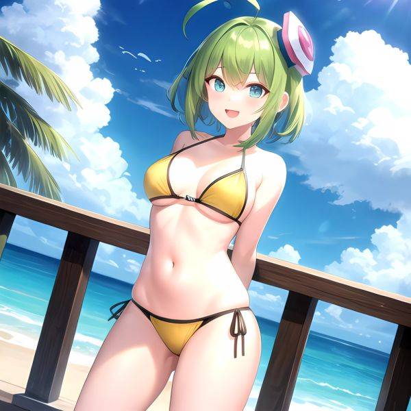 Roro Gunvolt 1girl Ahoge Arms Behind Back Bikini Blue Eyes Breasts Cowboy Shot Green Hair Groin Halterneck Headgear Light Partic, 4013408706 - AIHentai - aihentai.co on pornintellect.com