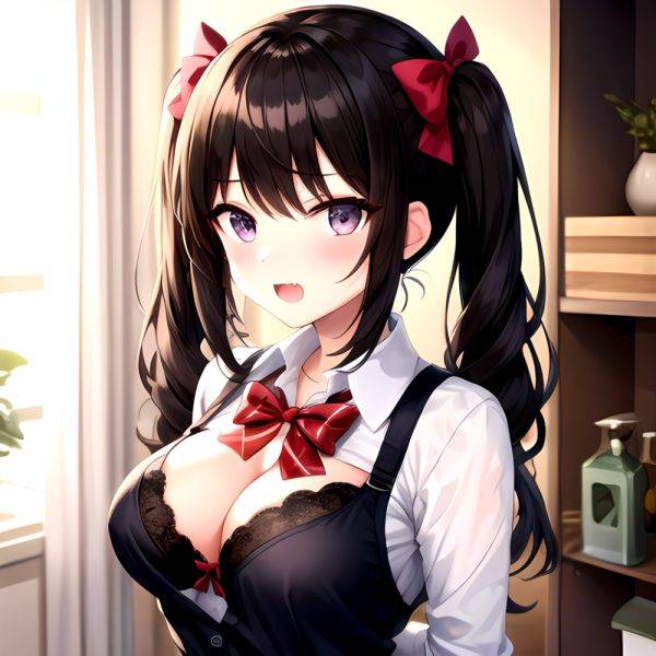 1girl Black Eyes Black Hair Blush Bow Bowtie Bra Breasts Center Opening Cleavage Collared Shirt Fang Grey Bra Hair Intakes, 3299662719 - AIHentai - aihentai.co on pornintellect.com