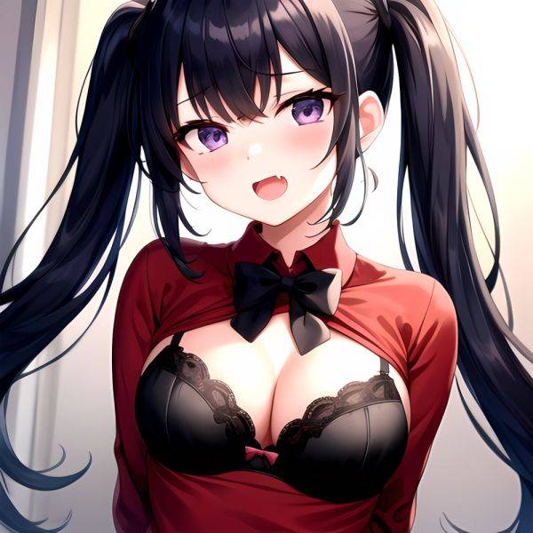 1girl Black Eyes Blue Hair Blush Bow Bowtie Bra Breasts Center Opening Cleavage Collared Shirt Fang Black Bra Hair Intakes, 1747143116 - AIHentai - aihentai.co on pornintellect.com
