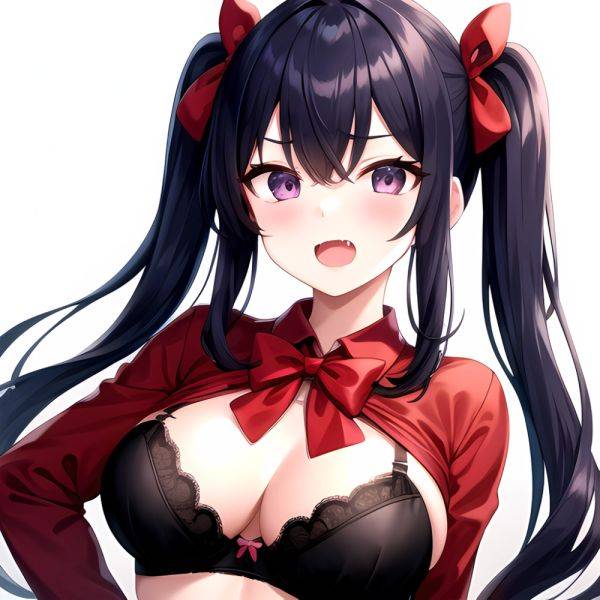 1girl Black Eyes Blue Hair Blush Bow Bowtie Bra Breasts Center Opening Cleavage Collared Shirt Fang Black Bra Hair Intakes, 1424765545 - AIHentai - aihentai.co on pornintellect.com