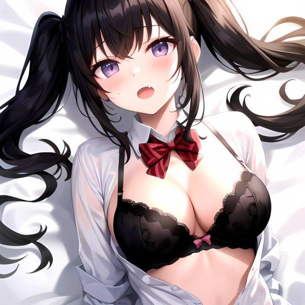 1girl Black Eyes Black Hair Blush Bow Bowtie Bra Breasts Center Opening Cleavage Collared Shirt Fang Grey Bra Hair Intakes, 2750551740 - AIHentai - aihentai.co on pornintellect.com