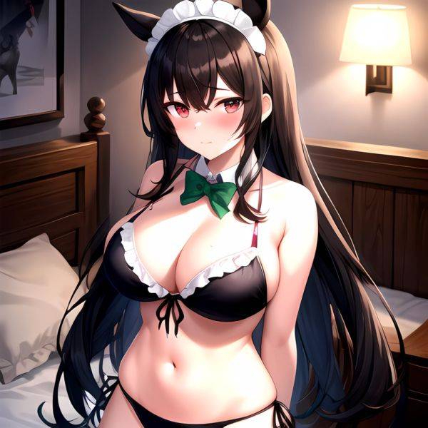 1girl Alternate Costume Animal Ears Arms Behind Back Bed Bikini Black Bikini Black Ribbon Blush Bow Breasts Cleavage Closed Mout, 3844681708 - AIHentai - aihentai.co on pornintellect.com