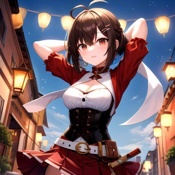 Nanashi Mumei Nanashi Mumei 1st Costume 1girl Ahoge Arms Behind Head Arms Up Belt Brown Corset Brown Eyes Brown Hair, 1996565771 - AIHentai - aihentai.co on pornintellect.com