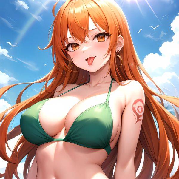 Nami One Piece 1girl Bare Arms Bare Shoulders Bikini Breasts Earrings Green Bikini Groin Jewelry Large Breasts Long Hair Looking, 1557843641 - AIHentai - aihentai.co on pornintellect.com