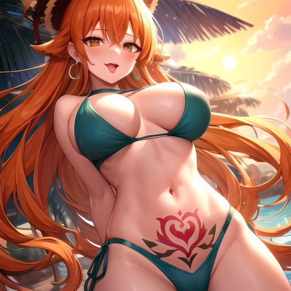 Nami One Piece 1girl Bare Arms Bare Shoulders Bikini Breasts Earrings Green Bikini Groin Jewelry Large Breasts Long Hair Looking, 146702060 - AIHentai - aihentai.co on pornintellect.com