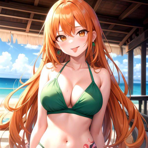 Nami One Piece 1girl Bare Arms Bare Shoulders Bikini Breasts Earrings Green Bikini Groin Jewelry Large Breasts Long Hair Looking, 296680584 - AIHentai - aihentai.co on pornintellect.com