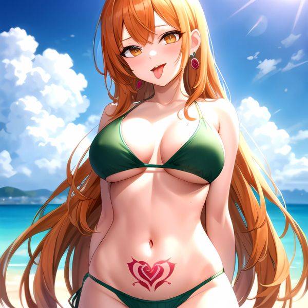 Nami One Piece 1girl Bare Arms Bare Shoulders Bikini Breasts Earrings Green Bikini Groin Jewelry Large Breasts Long Hair Looking, 1115554620 - AIHentai - aihentai.co on pornintellect.com