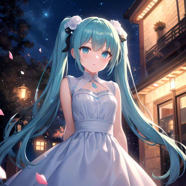 Face Focus Masterpiece Best Quality 1girl White Roses Petals Night Background Fireflies Light Particle Solo Aqua Hair With Twin, 3758543407 - AIHentai - aihentai.co on pornintellect.com