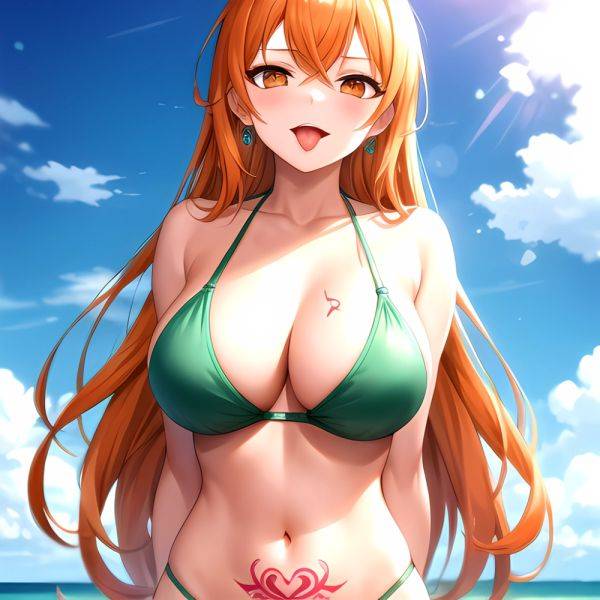 Nami One Piece 1girl Bare Arms Bare Shoulders Bikini Breasts Earrings Green Bikini Groin Jewelry Large Breasts Long Hair Looking, 2730974800 - AIHentai - aihentai.co on pornintellect.com