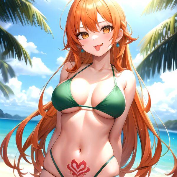 Nami One Piece 1girl Bare Arms Bare Shoulders Bikini Breasts Earrings Green Bikini Groin Jewelry Large Breasts Long Hair Looking, 2057383171 - AIHentai - aihentai.co on pornintellect.com