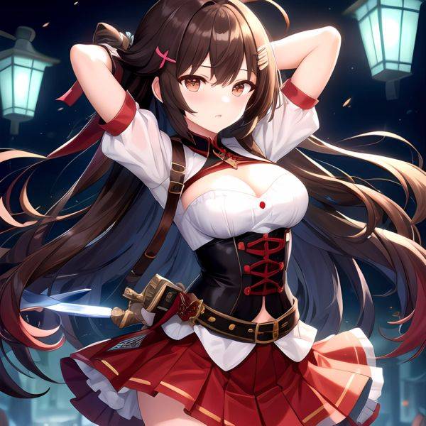 Nanashi Mumei Nanashi Mumei 1st Costume 1girl Ahoge Arms Behind Head Arms Up Belt Brown Corset Brown Eyes Brown Hair, 1737214563 - AIHentai - aihentai.co on pornintellect.com