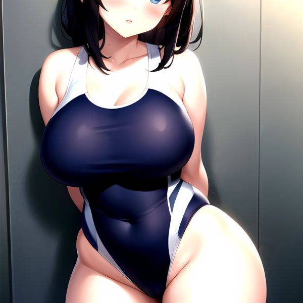 Takarada Rikka 1girl Against Wall Blue Eyes Blush Breasts Collarbone Competition Swimsuit Curvy Groin Highleg Huge Breasts Indoo, 425006111 - AIHentai - aihentai.co on pornintellect.com