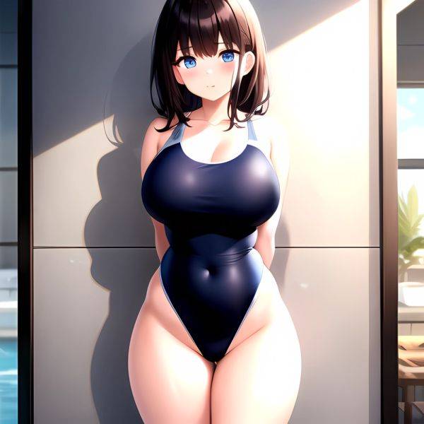 Takarada Rikka 1girl Against Wall Blue Eyes Blush Breasts Collarbone Competition Swimsuit Curvy Groin Highleg Huge Breasts Indoo, 390246589 - AIHentai - aihentai.co on pornintellect.com