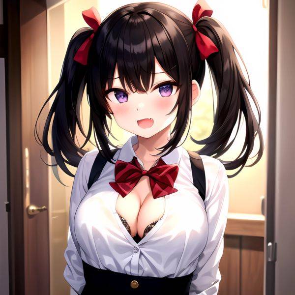 1girl Black Eyes Black Hair Blush Bow Bowtie Bra Breasts Center Opening Cleavage Collared Shirt Fang Grey Bra Hair Intakes, 1122690786 - AIHentai - aihentai.co on pornintellect.com