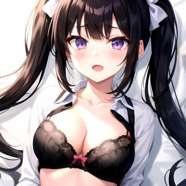 1girl Black Eyes Black Hair Blush Bow Bowtie Bra Breasts Center Opening Cleavage Collared Shirt Fang Grey Bra Hair Intakes, 2327090311 - AIHentai - aihentai.co on pornintellect.com