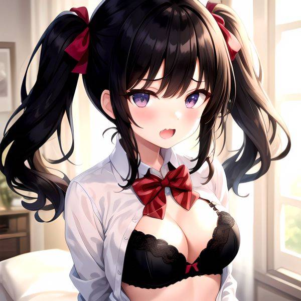 1girl Black Eyes Black Hair Blush Bow Bowtie Bra Breasts Center Opening Cleavage Collared Shirt Fang Grey Bra Hair Intakes, 1022243469 - AIHentai - aihentai.co on pornintellect.com