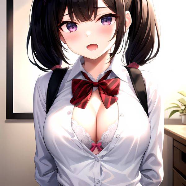 1girl Black Eyes Black Hair Blush Bow Bowtie Bra Breasts Center Opening Cleavage Collared Shirt Fang Grey Bra Hair Intakes, 132618168 - AIHentai - aihentai.co on pornintellect.com