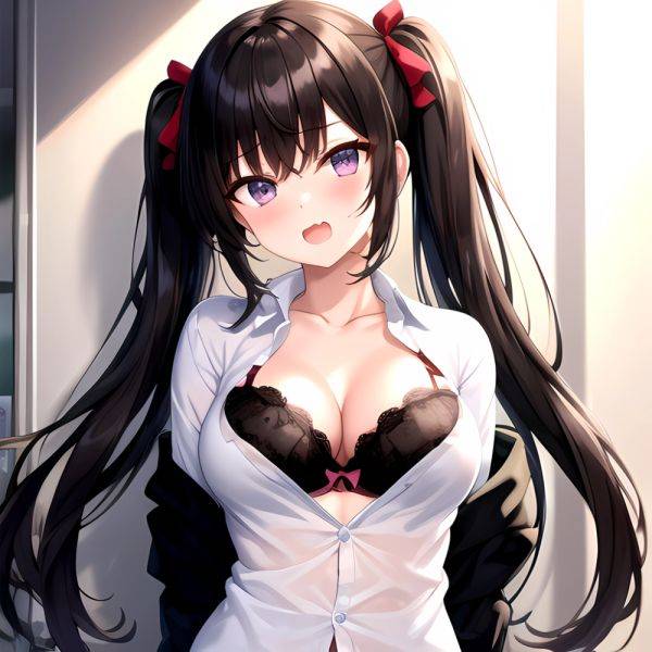 1girl Black Eyes Black Hair Blush Bow Bowtie Bra Breasts Center Opening Cleavage Collared Shirt Fang Grey Bra Hair Intakes, 187850451 - AIHentai - aihentai.co on pornintellect.com
