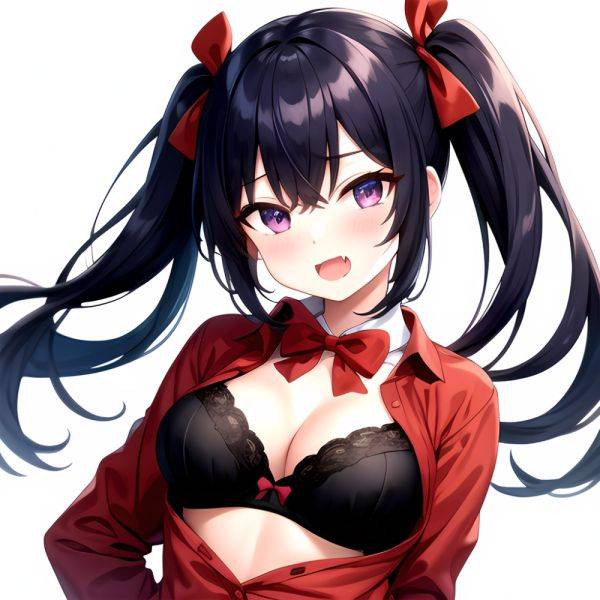1girl Black Eyes Blue Hair Blush Bow Bowtie Bra Breasts Center Opening Cleavage Collared Shirt Fang Black Bra Hair Intakes, 2630073969 - AIHentai - aihentai.co on pornintellect.com