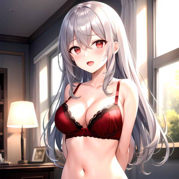 1girl Red Bra Blush Bra Breasts Double Parted Bangs Grey Hair Hair Between Eyes Indoors Large Breasts Long Hair Looking, 1417222709 - AIHentai - aihentai.co on pornintellect.com