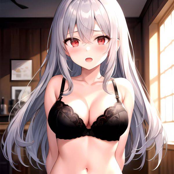 1girl Black Bra Blush Bra Breasts Double Parted Bangs Grey Hair Hair Between Eyes Indoors Large Breasts Long Hair Looking, 1363528515 - AIHentai - aihentai.co on pornintellect.com