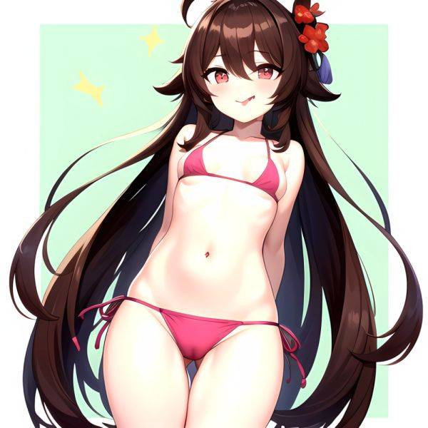 1girl Q Absurdres Arms Behind Back Bikini Blush Breasts Brown Hair Cameltoe Cleft Of Venus Covered Nipples Cowboy Shot Flower, 3886846745 - AIHentai - aihentai.co on pornintellect.com