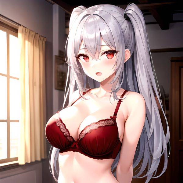 1girl Red Bra Blush Bra Breasts Double Parted Bangs Grey Hair Hair Between Eyes Indoors Large Breasts Long Hair Looking, 2085070011 - AIHentai - aihentai.co on pornintellect.com