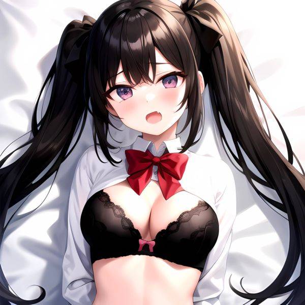 1girl Black Eyes Black Hair Blush Bow Bowtie Bra Breasts Center Opening Cleavage Collared Shirt Fang Grey Bra Hair Intakes, 1902616163 - AIHentai - aihentai.co on pornintellect.com
