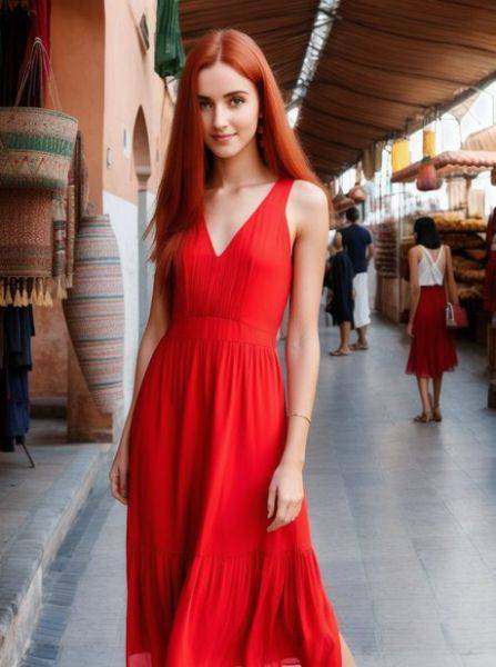 AI generated redheaded babe drops her red dress and walks naked through a city - pornpics.com on pornintellect.com
