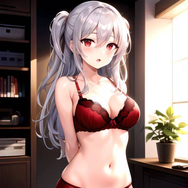 1girl Red Bra Blush Bra Breasts Double Parted Bangs Grey Hair Hair Between Eyes Indoors Large Breasts Long Hair Looking, 4241399915 - AIHentai - aihentai.co on pornintellect.com