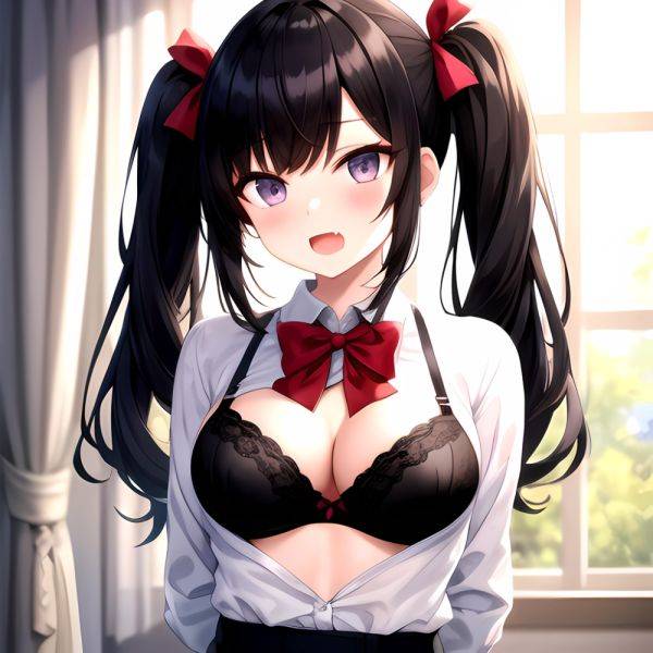 1girl Black Eyes Black Hair Blush Bow Bowtie Bra Breasts Center Opening Cleavage Collared Shirt Fang Grey Bra Hair Intakes, 1864444784 - AIHentai - aihentai.co on pornintellect.com