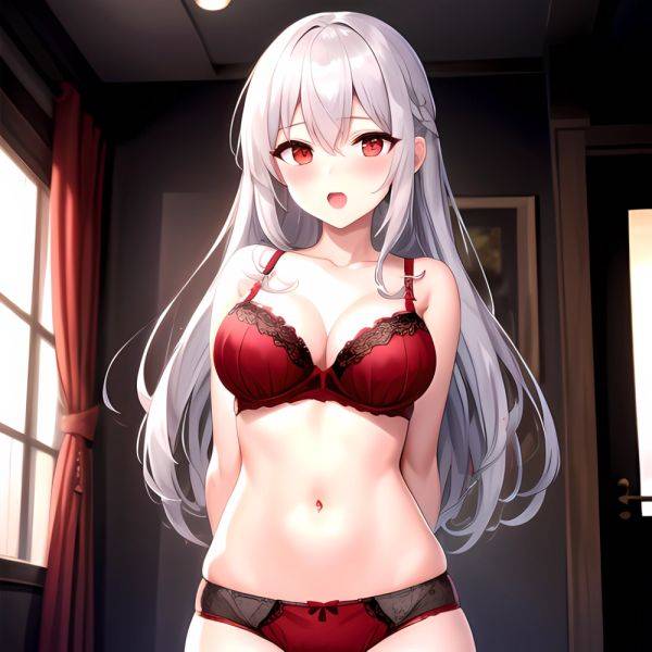 1girl Red Bra Blush Bra Breasts Double Parted Bangs Grey Hair Hair Between Eyes Indoors Large Breasts Long Hair Looking, 3567274226 - AIHentai - aihentai.co on pornintellect.com