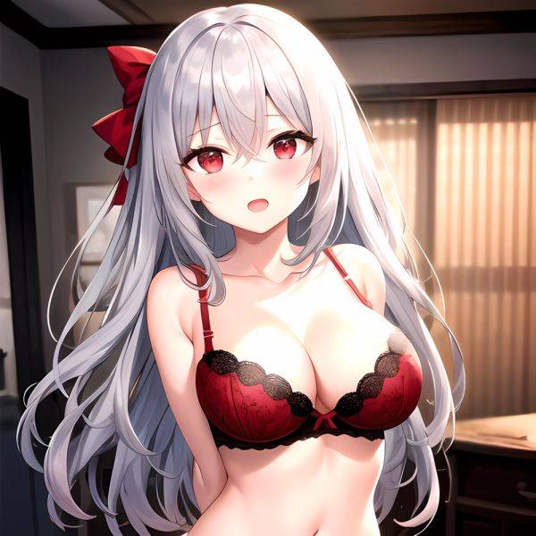 1girl Red Bra Blush Bra Breasts Double Parted Bangs Grey Hair Hair Between Eyes Indoors Large Breasts Long Hair Looking, 1394709693 - AIHentai - aihentai.co on pornintellect.com