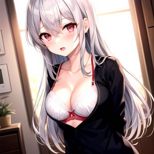 1girl White Bra Blush Bra Breasts Double Parted Bangs Grey Hair Hair Between Eyes Indoors Large Breasts Long Hair Looking, 3840950353 - AIHentai - aihentai.co on pornintellect.com