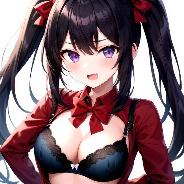 1girl Black Eyes Blue Hair Blush Bow Bowtie Bra Breasts Center Opening Cleavage Collared Shirt Fang Black Bra Hair Intakes, 1354077755 - AIHentai - aihentai.co on pornintellect.com