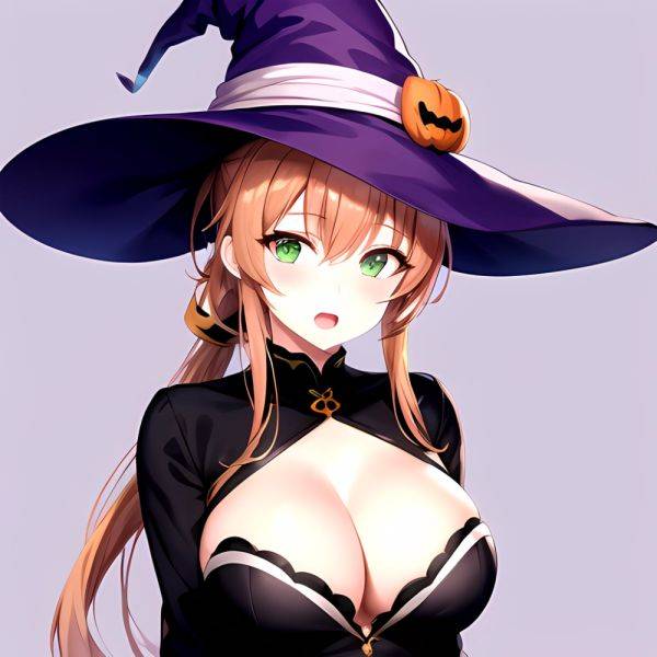 Chinatsu Suzutsuki Kurara 1girl Breasts Brown Hair Green Eyes Halloween Halloween Costume Hat Large Breasts Long Hair Open Mouth, 1933842150 - AIHentai - aihentai.co on pornintellect.com