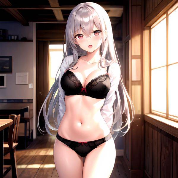 1girl Black Bra Blush Bra Breasts Double Parted Bangs Foreshortening Grey Hair Hair Between Eyes Indoors Large Breasts Long Hair, 2897039711 - AIHentai - aihentai.co on pornintellect.com