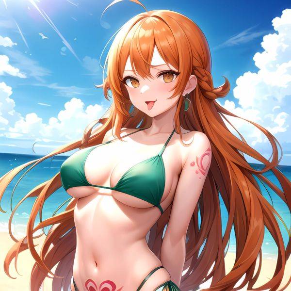 Nami One Piece 1girl Bare Arms Bare Shoulders Bikini Breasts Earrings Green Bikini Groin Jewelry Large Breasts Long Hair Looking, 2096208398 - AIHentai - aihentai.co on pornintellect.com