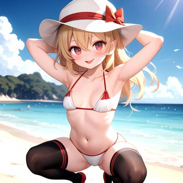 Armpits Bikini Breasts Red Eyes Red Thighhighs Small Breasts Thick Thighs White Bikini Flandre Scarlet 1girl P Blonde Hair Blush, 1398536751 - AIHentai - aihentai.co on pornintellect.com