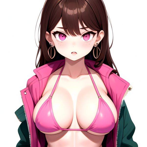 1girl Abs Bikini Breasts Brown Hair Colored Skin Earrings Jacket Jewelry Large Breasts Muscular Muscular Female Nose Piercing No, 2163510493 - AIHentai - aihentai.co on pornintellect.com